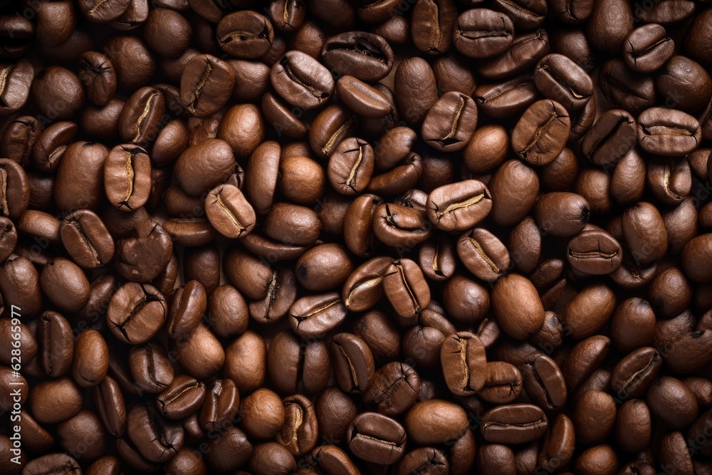 Fototapeta premium Fresh roasted coffee beans closeup pattern on dark background. Food pattern. Love coffee concept. Top view, flat lay with copy space
