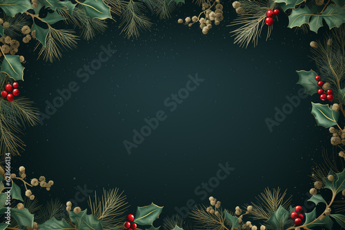 Fotografering Dark Green christmas background with mistletoes frame
