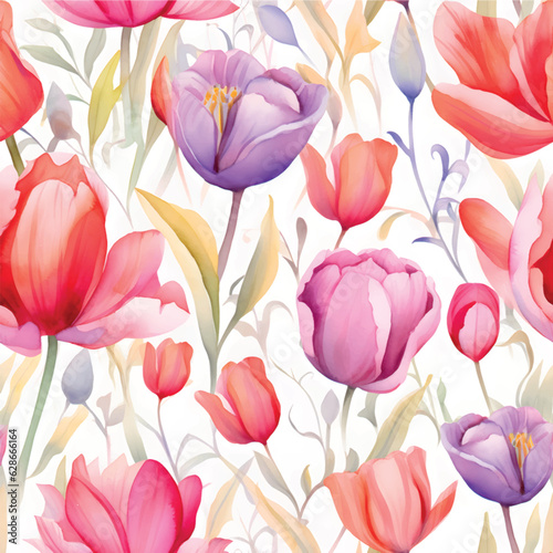 seamless pattern with pink tulips.Pattern with tulip flowers watercolor on white background. beautiful floral pattern with watercolor flowers. watercolor flowers. seamless pattern. watercolor tulips.