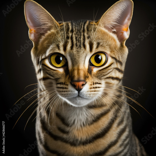 Studio shot with cute ocicat cat portrait with the curiosity and innocent look as concept of modern happy domestic pet in ravishing hyper realistic detail by Generative AI. photo