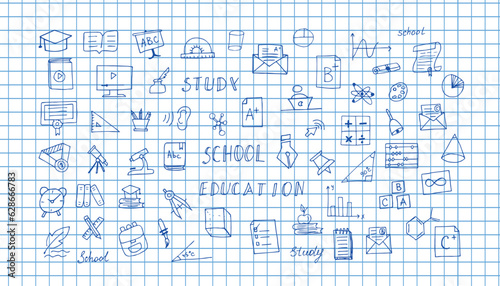 school. postcard. school blackboard. doodle. icons. back to school. september. 1st grade. schoolgirl. children. to study. teacher. postcard. banner. vector illustration. color background. flat style.