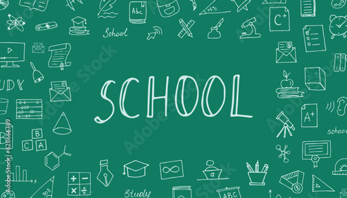 school. postcard. school blackboard. doodle. icons. back to school. september. 1st grade. schoolgirl. children. to study. teacher. postcard. banner. vector illustration. color background. flat style.