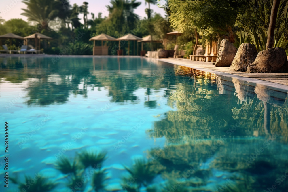 A tranquil poolside scene with crystal clear water reflecting the surrounding landscape Generative AI