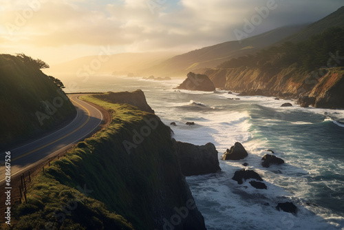 A peaceful coastal road hugging the shoreline, with waves crashing against the cliffs Generative AI