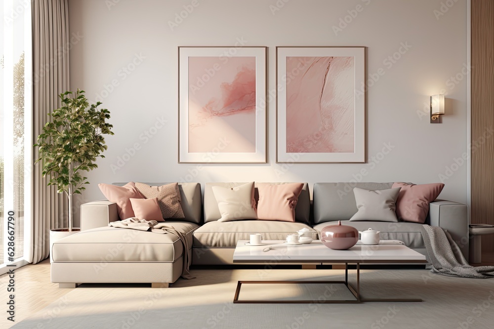 This template features a sophisticated interior design for a living room, showcasing a mock up poster frame, a corner sofa in a grey color, a coffee table, and personal accessories. The overall color