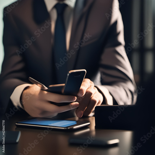 businessman using digital phone in office, generative ai