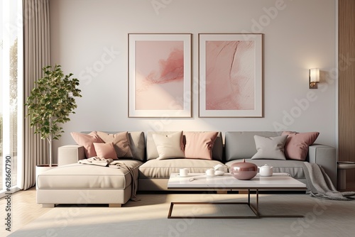This template features a sophisticated interior design for a living room, showcasing a mock up poster frame, a corner sofa in a grey color, a coffee table, and personal accessories. The overall color © 2rogan