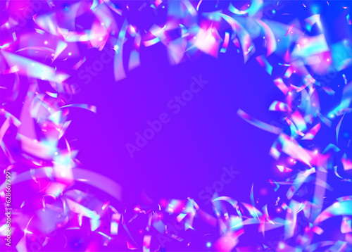 Falling Effect. Kaleidoscope Tinsel. Purple Metal Glare. Fiesta Foil. Retro Design. Party Celebrate Backdrop. Glamour Art. Holographic Texture. Blue Falling Effect