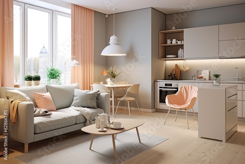 This Scandinavian style studio apartment features a spacious and well lit interior design  with a color scheme of warm pastel white and beige tones. The living area is furnished with trendy furniture