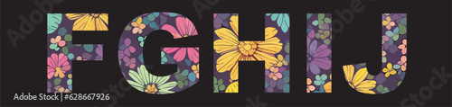 A set of vector letters of the english alphabet FGHIJ with
a floral pattern
of pink, yellow and blue flowers for a T-shirt.
Fashionable romantic summer women's print for clothes, 
fabric, paper.