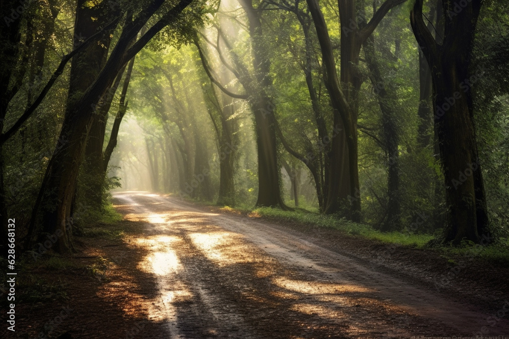 A tranquil forest road shaded by a canopy of tall trees, dappled sunlight filtering through Generative AI