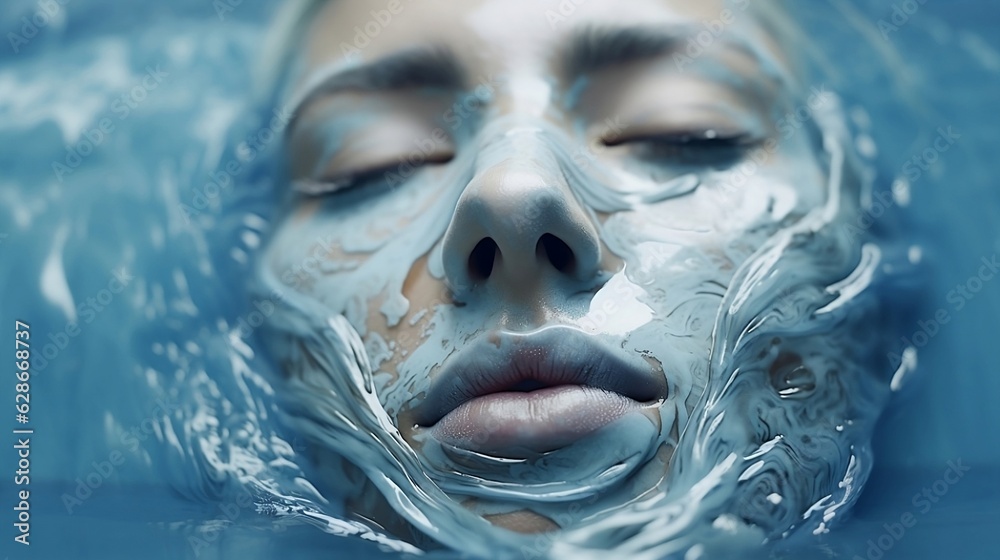 A woman's face with closed eyes under a layer of blue face masks