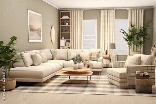 This template showcases a modern home decor with an interior design of a living room featuring a trendy modular beige sofa  wooden coffee tables  plants  pillows  plaid patterns  a neutral room