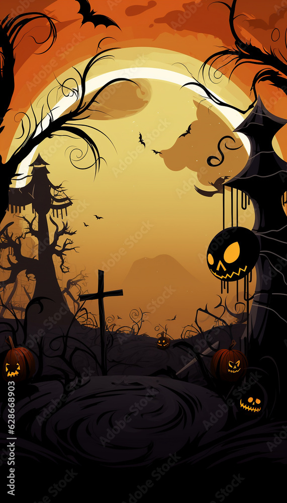 halloween poster with empty space for text, burning pumpkins in a scary forest, made with Generative AI