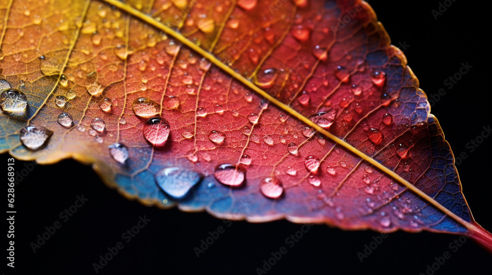 Fototapeta premium Macro Closeup of A Fall and Autumn Themed Leaf with Water Droplets - Vivid Luminescent and Opalescent Color Tone Effect - Seasonal Nature Concept - Generative AI