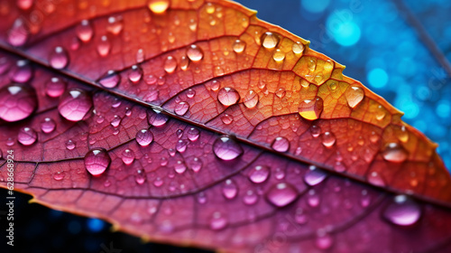 Macro Closeup of A Fall and Autumn Themed Leaf with Water Droplets - Vivid Luminescent and Opalescent Color Tone Effect - Seasonal Nature Concept - Generative AI