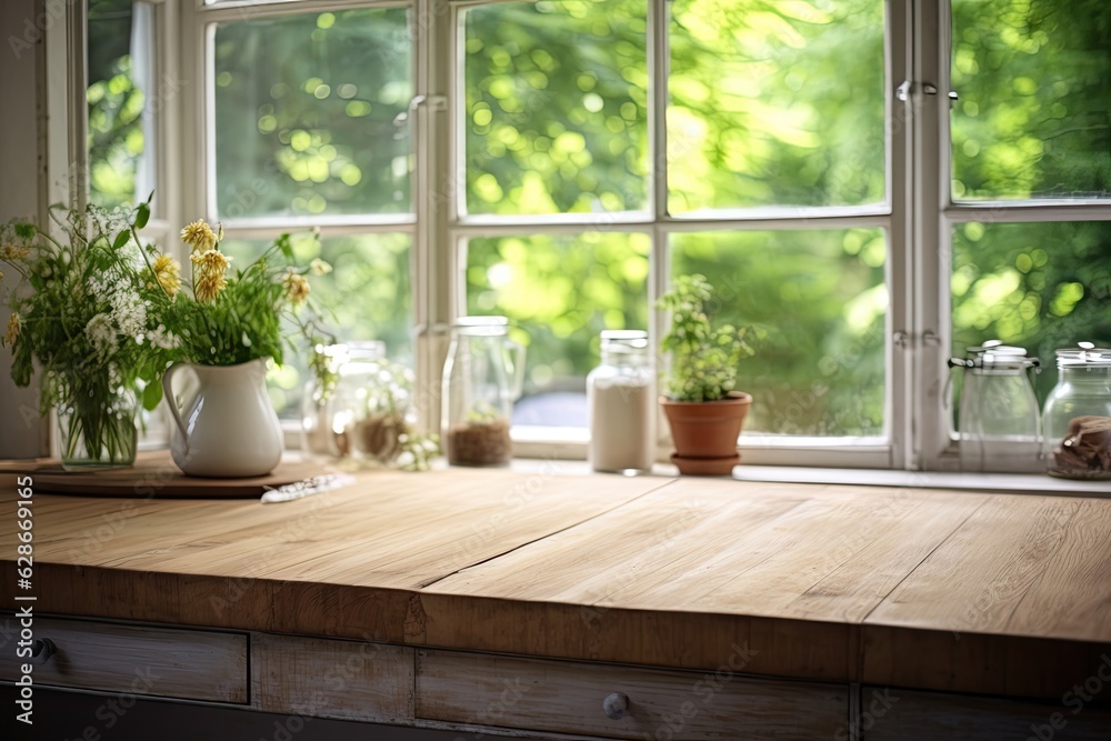 The wooden table top has been lightened and bleached, set against a blurred background of a summer kitchen window.