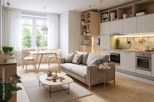 This studio apartment in Scandinavian style features a spacious and bright interior design, incorporating warm pastel white and beige colors throughout. The living area is adorned with trendy