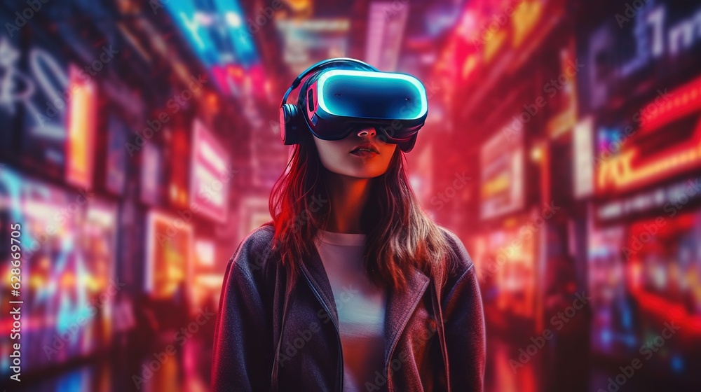 Generative AI, beautiful woman in VR glasses in neon space street, virtual reality headset in cyberspace Generative AI, beautiful woman in VR glasses in neon space street, virtual reality headset in cyberspace