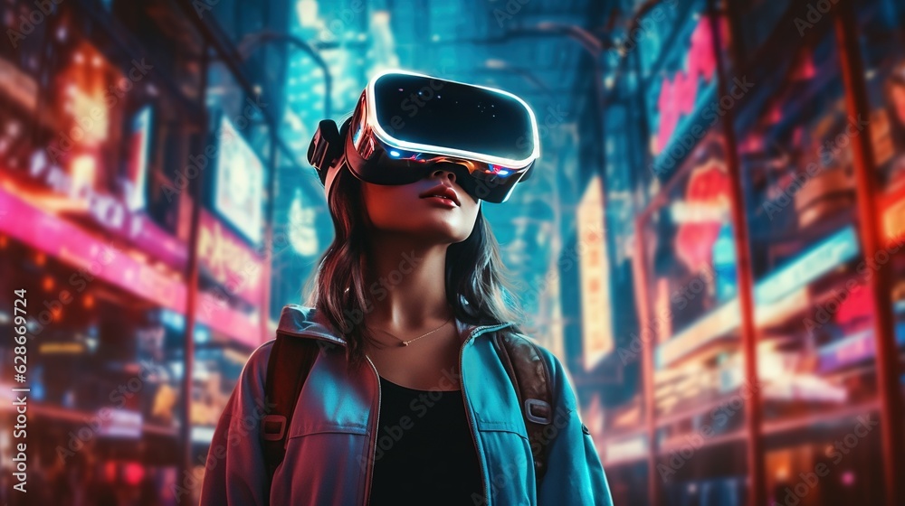 Generative AI, beautiful woman in VR glasses in neon space street, virtual reality headset in cyberspace Generative AI, beautiful woman in VR glasses in neon space street, virtual reality headset in cyberspace