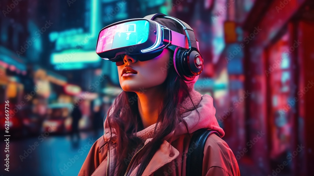 Generative AI, beautiful woman in VR glasses in neon space street, virtual reality headset in cyberspace Generative AI, beautiful woman in VR glasses in neon space street, virtual reality headset in cyberspace