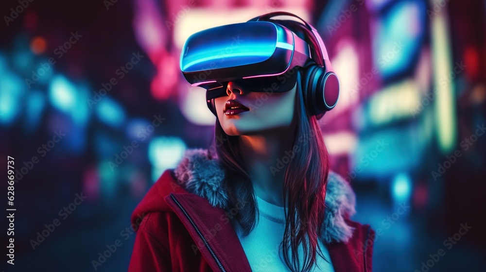 Generative AI, beautiful woman in VR glasses in neon space street, virtual reality headset in cyberspace Generative AI, beautiful woman in VR glasses in neon space street, virtual reality headset in cyberspace