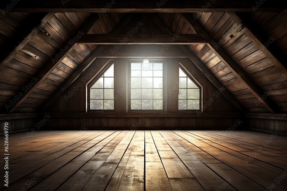 The wooden floor of the old attic, adorned with roof rafters and a window, in the forefront with a shallow focus.