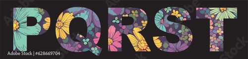 A set of vector letters of the english alphabet PQRST with
a floral pattern
of pink, yellow and blue flowers for a t-shirt.
Fashionable romantic summer women's print for clothes, 
fabric, paper.