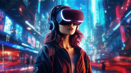 Generative AI, beautiful woman in VR glasses in neon space street, virtual reality headset  in cyberspace © DELstudio
