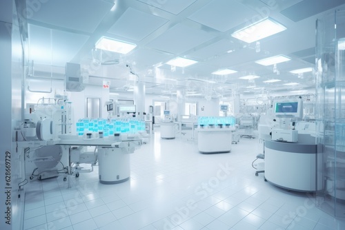 Contemporary drug production workshop interior. Spacy bright sterile room, facility with modern industrial machinery. Manufacturing process: pharmaceutics, semiconductors, biotechnology. 3D rendering.