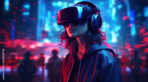 Generative AI, beautiful woman in VR glasses in neon space street, virtual reality headset in cyberspace
