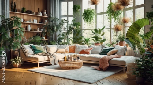 Cozy elegant boho style living room interior in natural colors. Comfortable couch with cushions and plaid, many houseplants, wooden coffee table, soft carpet, home decor. 3D rendering. © Georgii