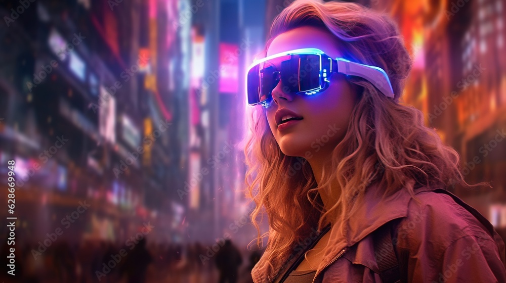 Generative AI, beautiful woman in VR glasses in neon space street, virtual reality headset in cyberspace Generative AI, beautiful woman in VR glasses in neon space street, virtual reality headset in cyberspace