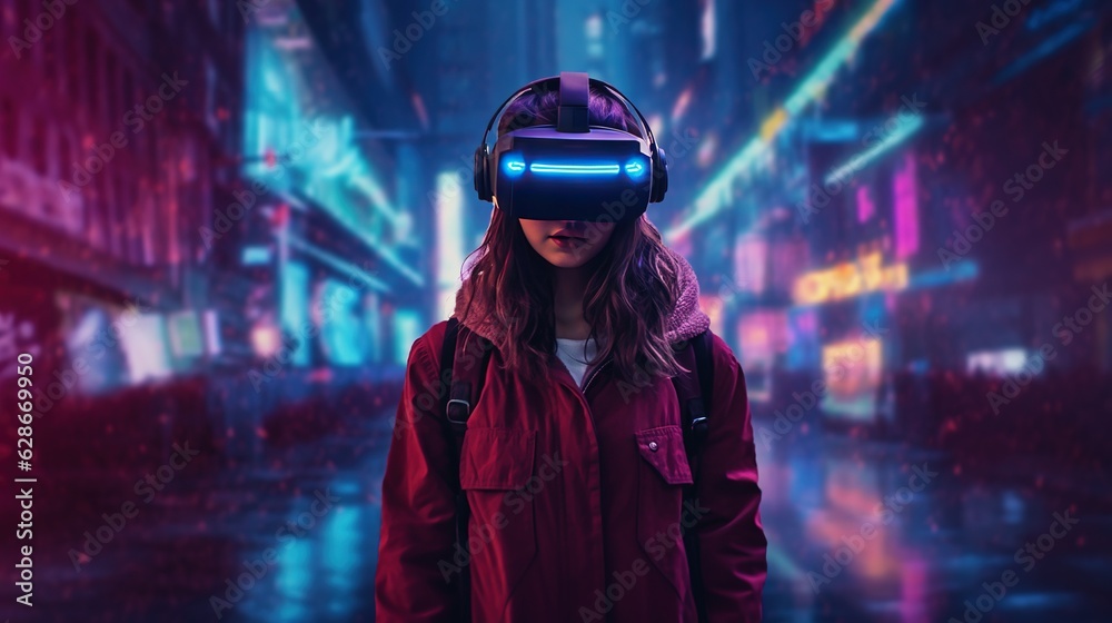 Generative AI, beautiful woman in VR glasses in neon space street, virtual reality headset in cyberspace Generative AI, beautiful woman in VR glasses in neon space street, virtual reality headset in cyberspace