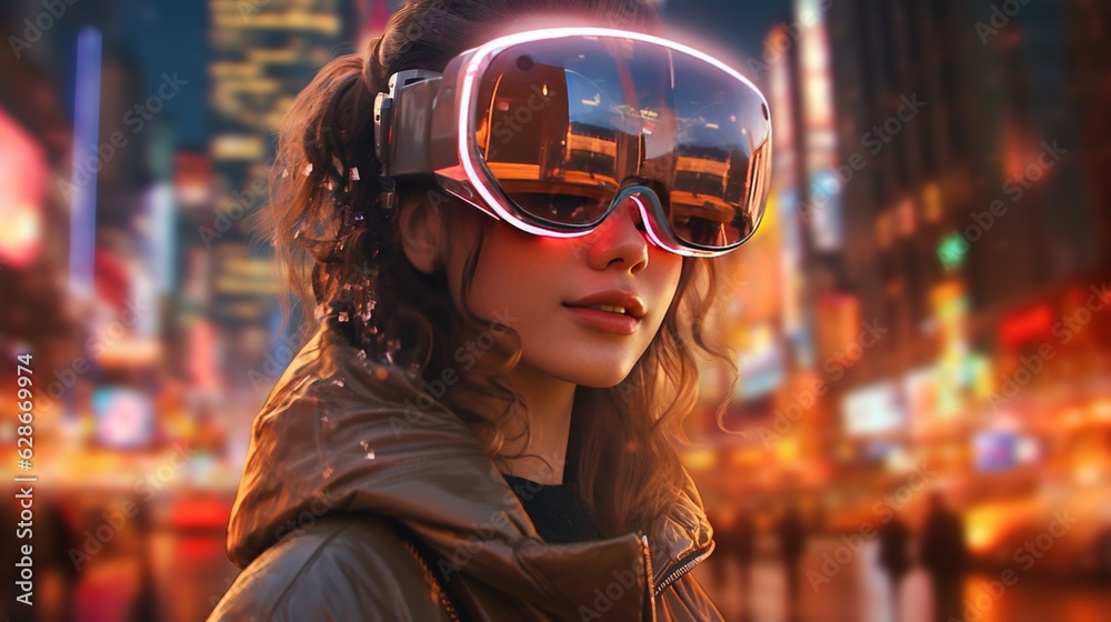 Generative AI, beautiful woman in VR glasses in neon space street, virtual reality headset in cyberspace Generative AI, beautiful woman in VR glasses in neon space street, virtual reality headset in cyberspace