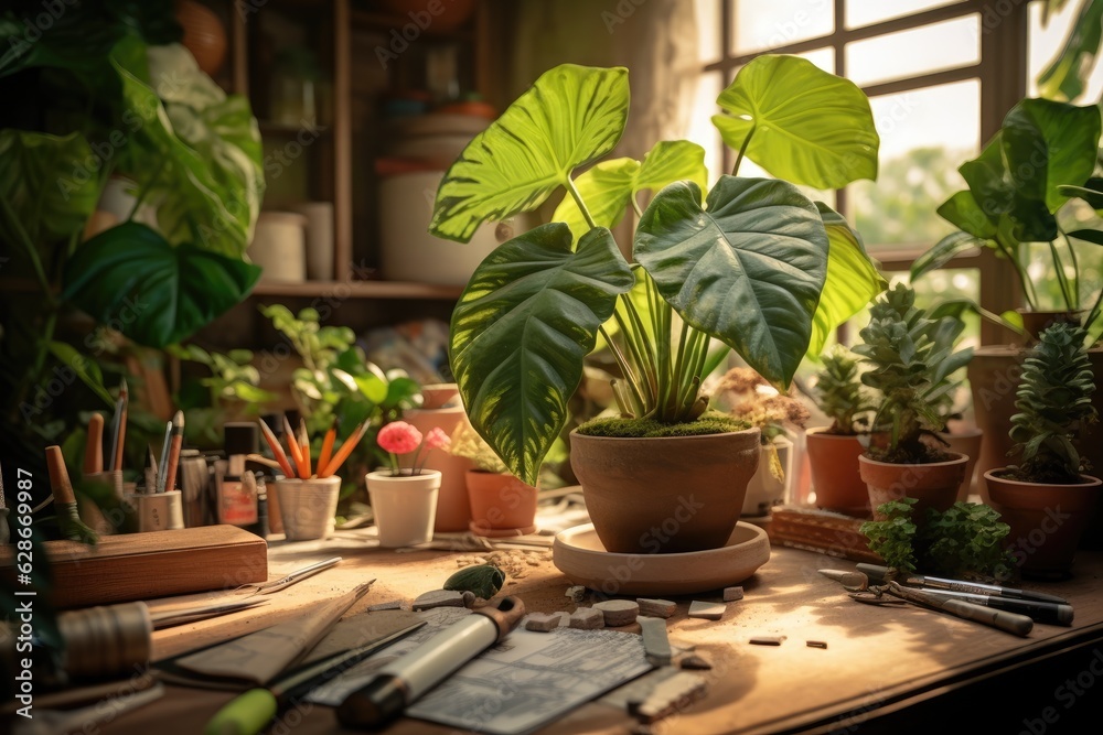 There are gardening tools laid out on the table, while someone is busy potting plants at home. They have an indoor garden filled with house plants, which they consider as a hobby. A close up shot of