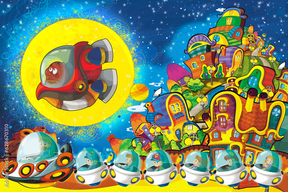 Obraz premium Cartoon funny colorful scene of cosmos galactic alien ufo space craft ship illustration for kids