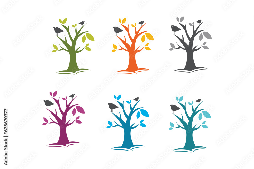 vector of colored trees and simple birds