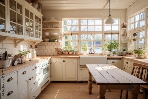 The rustic style kitchen features vintage kitchenware and a charming window. The bright interior boasts white furniture and wooden accents, creating a cozy and inviting atmosphere with a touch of © 2rogan