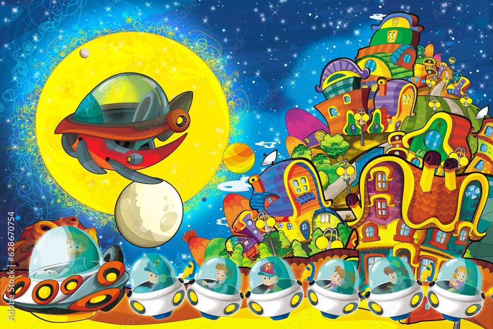 Obraz premium Cartoon funny colorful scene of cosmos galactic alien ufo space craft ship illustration for kids