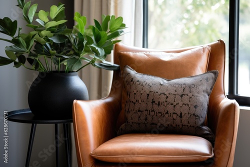 There is a modern leather chair in the living room adorned with black patterned pillows, and a vase holding a plant. © 2rogan