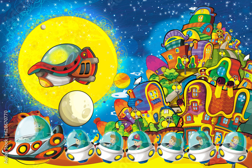 Cartoon funny colorful scene of cosmos galactic alien ufo space craft ship illustration for kids