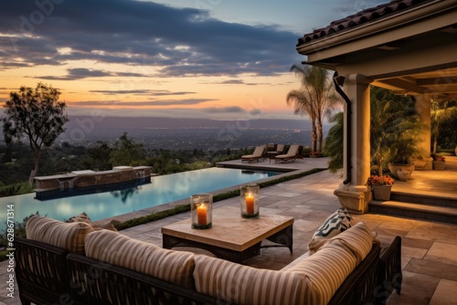 This southern California home offers breathtaking scenery and vistas  complete with a pool and outdoor grilling area.
