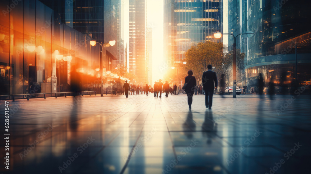 Abstrakter Business Hintergrund mit Licht Effekten und Silhouetten von Menschen auf der Straße vor Gebäuden