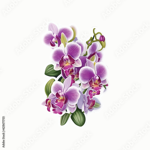 Beautiful orchid flowers bouquet  sticker and pink background  vector illustration