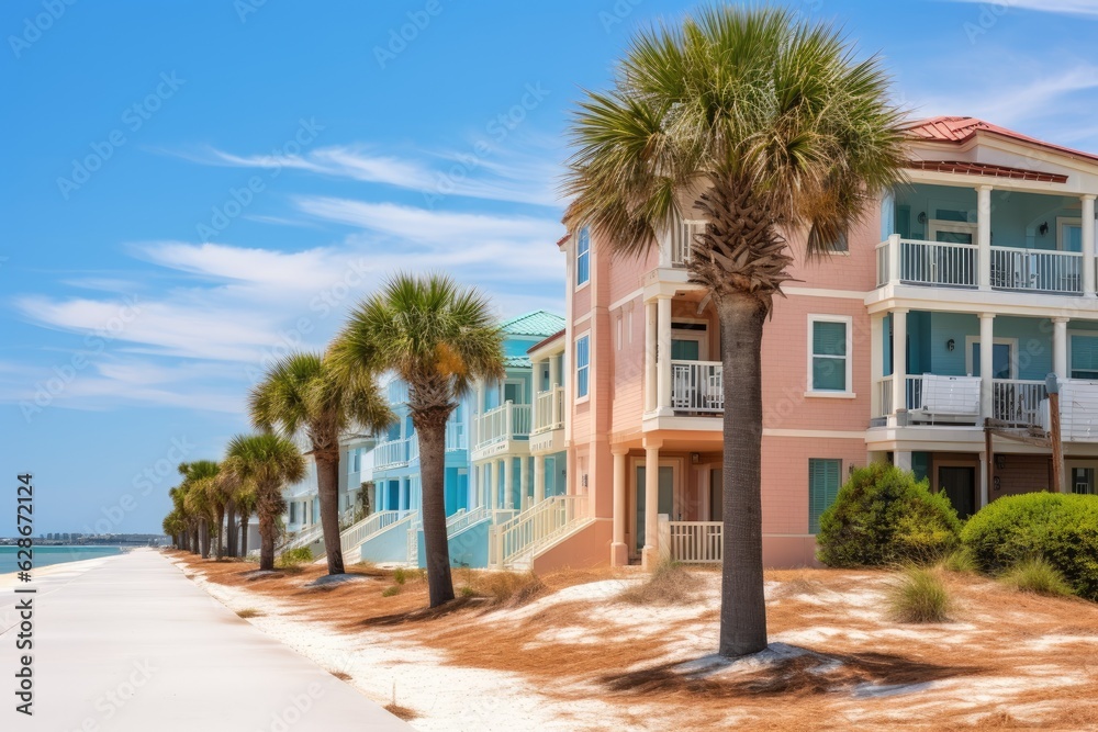 Three story beachfront houses in Destin, Florida, featuring balconies and palm trees, are located near a beautiful sandy beach. These houses are situated alongside a sidewalk adjacent to the highway