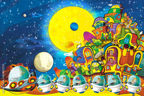 Fototapeta Naklejka Na Ścianę i Meble -  Cartoon funny colorful scene of cosmos galactic alien ufo space illustration for kids