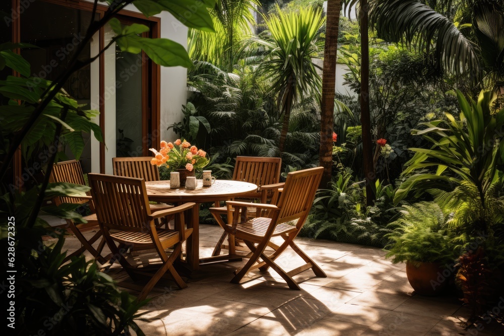 Fototapeta premium The terrace is well organized and clean, adorned with wooden outdoor furniture and a table adorned with plants.