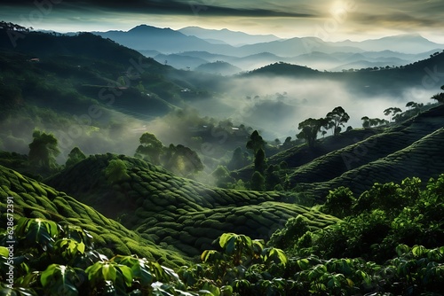 Columbian coffee plantations with misty mountains in the background photo