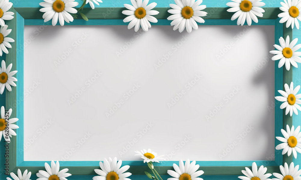 Frame with daisies on white background, top view. Space for text. Generative AI Frame with daisies on white background, top view. Space for text. Generative AI